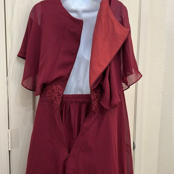 Wedding Pant Suit Maroon Red Sheer Ruched Cap Sleeve Embroidered Beaded Elegant - Picture 12 of 15